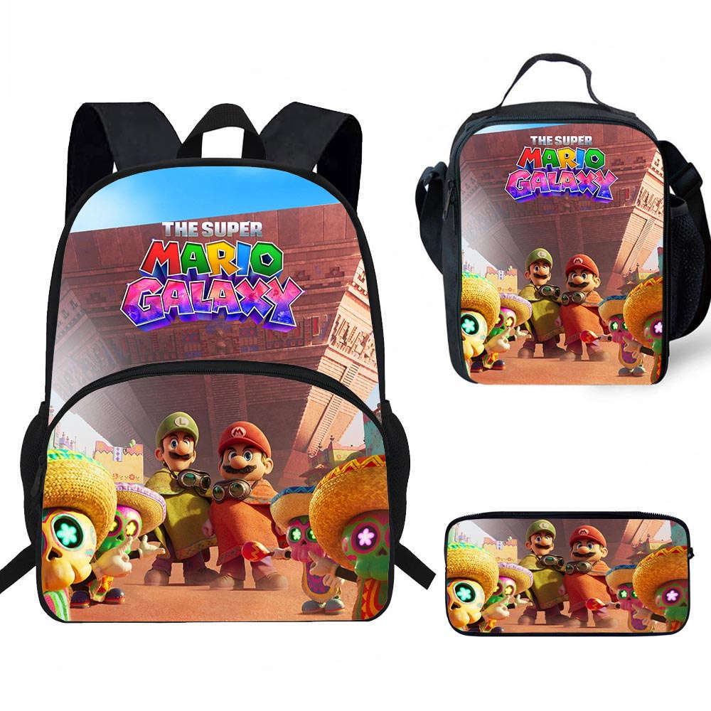 Mario Cartoon Backpack, Lunch Bag, and Pencil Case—New Stationery Set, Suitable for Grades 3–6