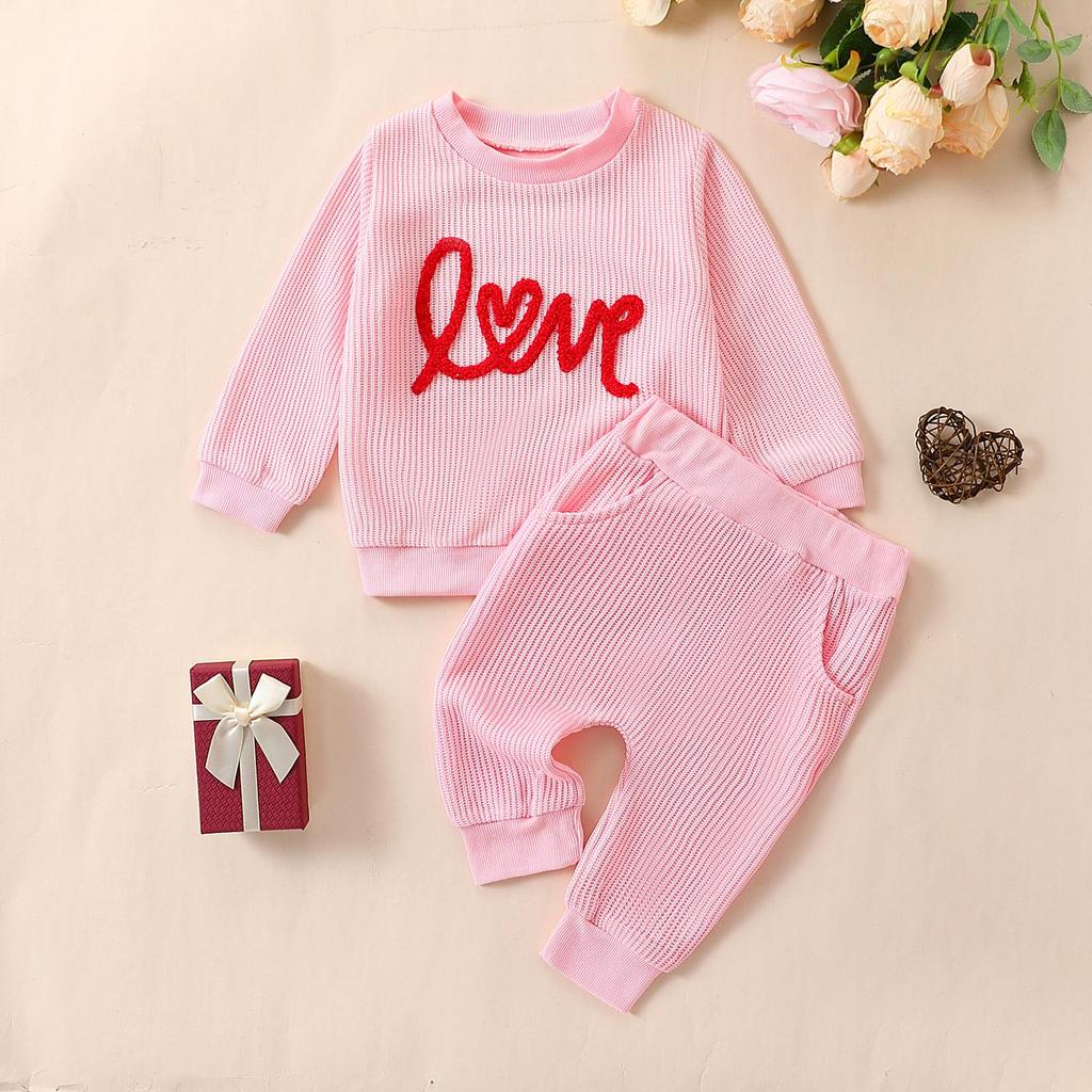 Baby Girl 2Pcs Valentine 's Day Outfits 3M 6M 9M 12M 18M 24M Long Sleeve Letter Embroidery Sweatshirt + Pants Set Toddler Clothes
