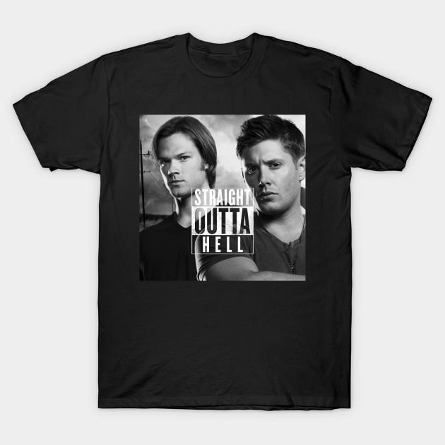 Asian Size Men Black Print T-shirt Straight Outta Hell No-Cut Heat Transfer Print Cotton Tshirt