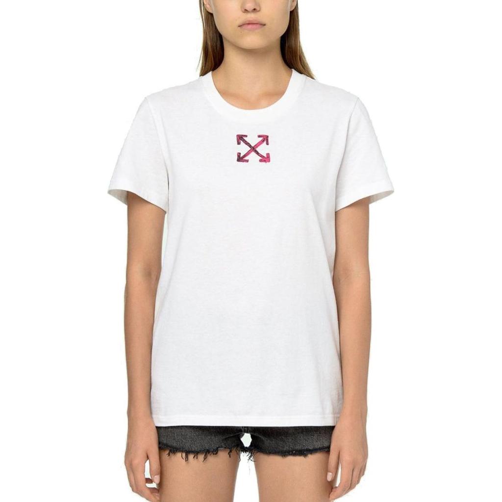 Off-White Хлопковая футболка с принтом логотипа-стрелки, круглым вырезом, коротким рукавом, женские топы, белая OWAA049R20B071000128
