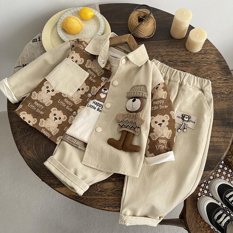 Little Bear Three-Piece Set: Jacket, Casual Pants, Trendy Boy's Fashion.