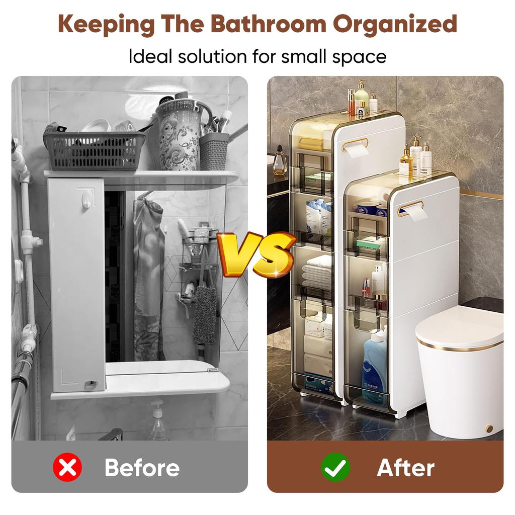 Шкаф для хранения туалетных принадлежностей, пластиковый узкий шкаф для ванной комнаты с ящиками и держателем туалетной бумаги, водонепроницаемый передвижной органайзер для хранения вещей для небольшого пространства