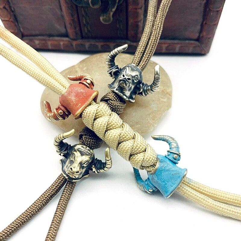 Латунный бычий рог, самурайский нож, бусины, кулон, EDC, уличный зонтик, веревка, брелок, ремешок, подвесные медные статуэтки, ювелирные изделия, DIY детали из паракорда