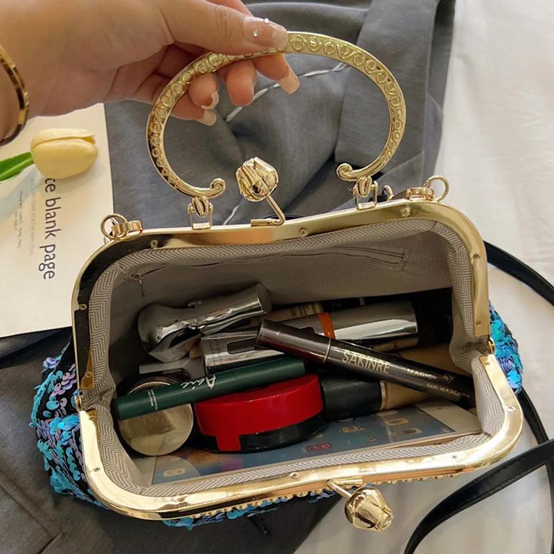 Женские роскошные сумки с кристаллами в виде ракушек и пайетками, блестящие сумки с цветами, синие сумки через плечо, сумки на ремне с золотой цепочкой, вечерний клатч