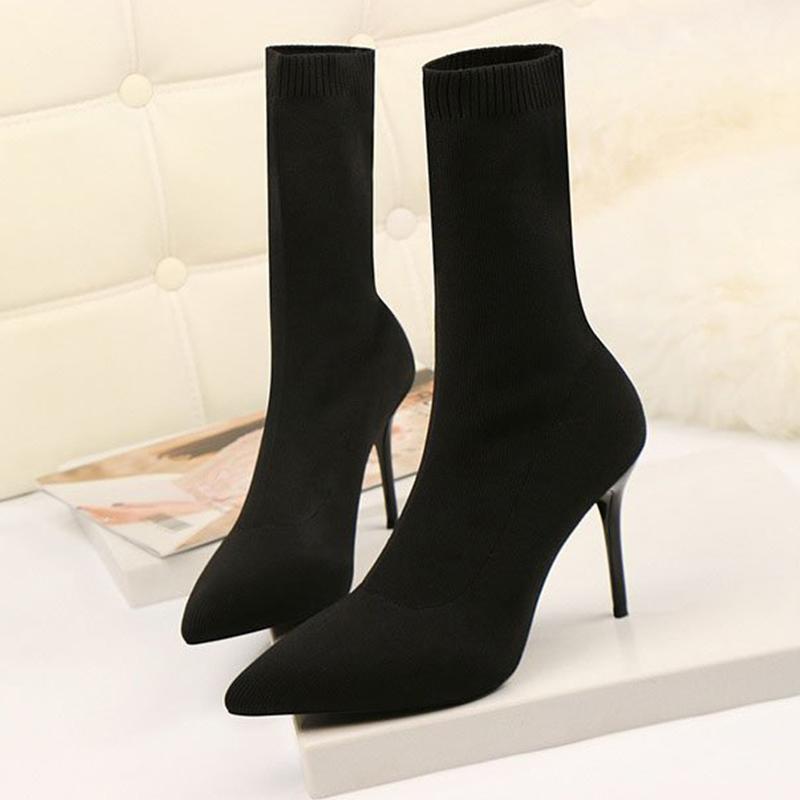 Knitting Women Ankle Boots Pointed Toe Fashion Sexy High Heels Shoes 2024 Trend Winter Pumps Sock Boots Elegant Botas De Mujer