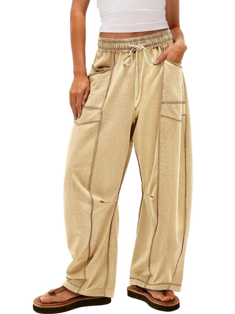 Женские бежевые брюки широкого кроя с кулиской на талии и боковыми карманами