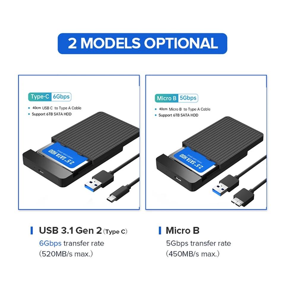2,5-дюймовый корпус SSD SATA для USB 3.1, мобильный корпус жесткого диска для жесткого диска типа USB-C, поддержка твердотельного накопителя, емкость жесткого диска до 6 ТБ