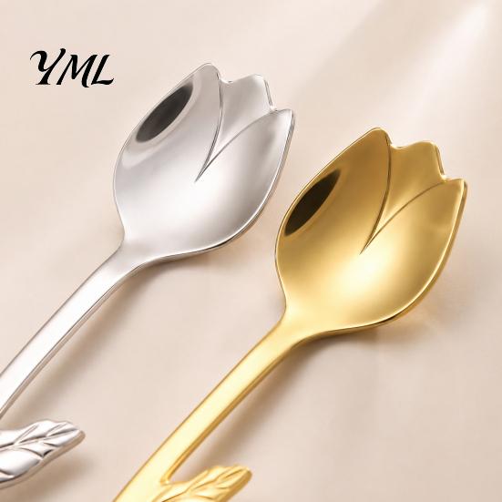 Glossy Metal Cutlery Tulip Shaped Stainless Steel Spoon, Long Handle Coffee Ice Cream 304 Spoon Dessert Serving with Hanging Hook, Kitchen Flatware