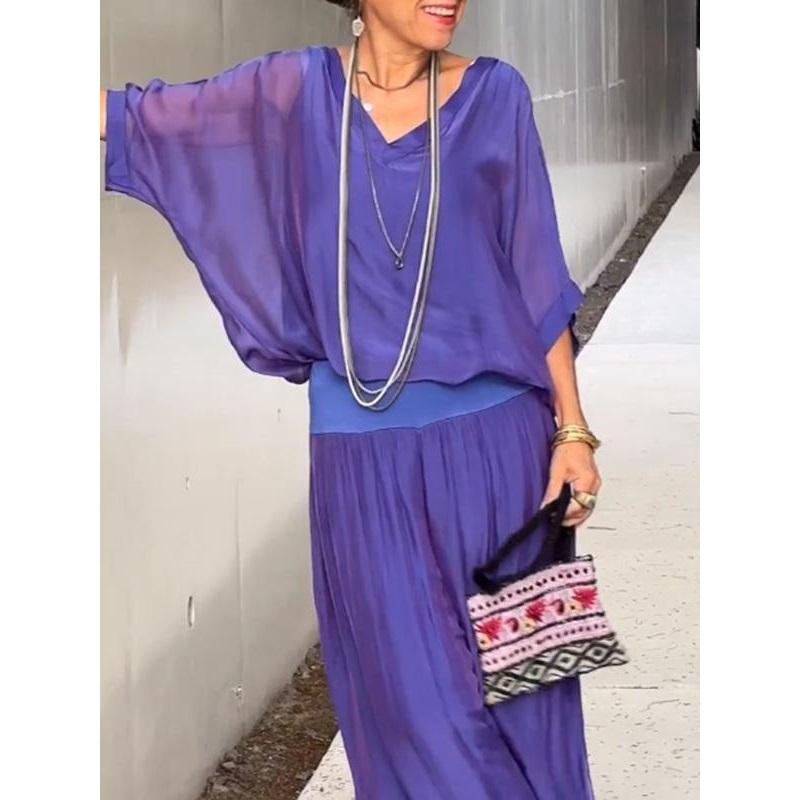 Женский летний однотонный свободный костюм для офиса, удобный свободный круглый вырез, футболка + брюки, комплект из 2 предметов