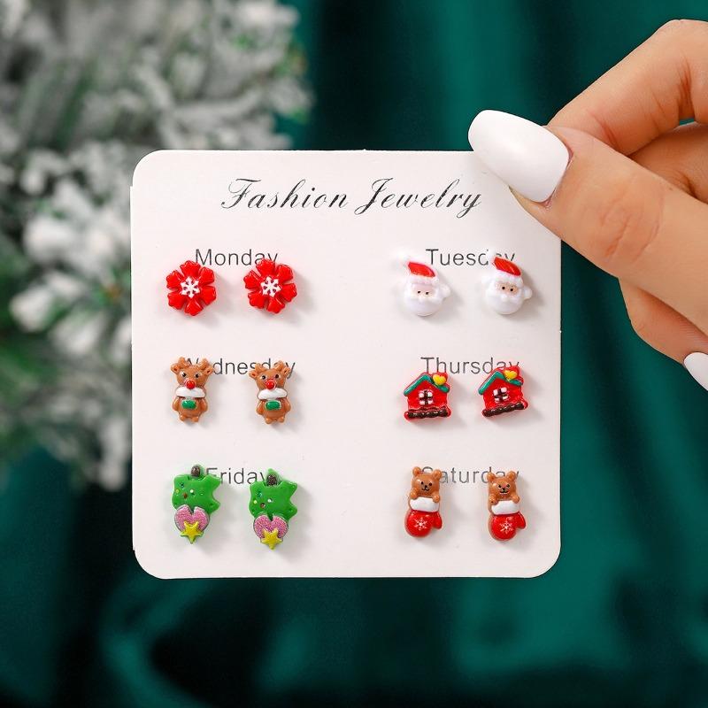 Hot Christmas New Products Santa Claus Snowman Elk Creative Cute Cartoon Stud Earrings Combination Resin