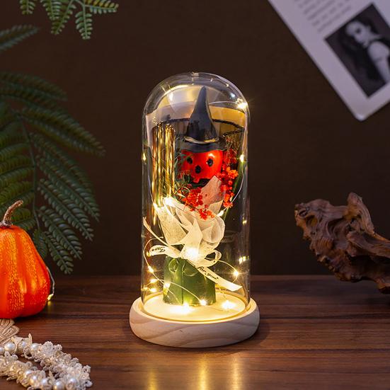 LED Clear Dome Pumpkin Night Light Halloween Pumpkin Figurine In Cloche with LED Light for Home Kitchen Mantel Tabletop Decor