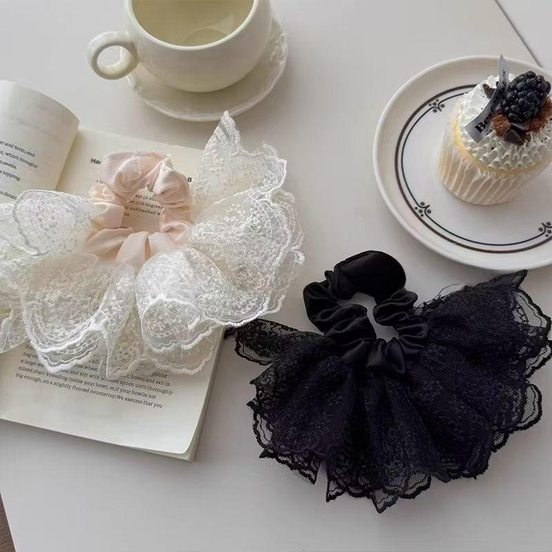 Кружевные резинки для волос для женщин, двухслойные, с цветком, галстуком-бабочкой, длинной лентой, большими оборками, эластичные, модные, изысканные, милые аксессуары для волос для девочек