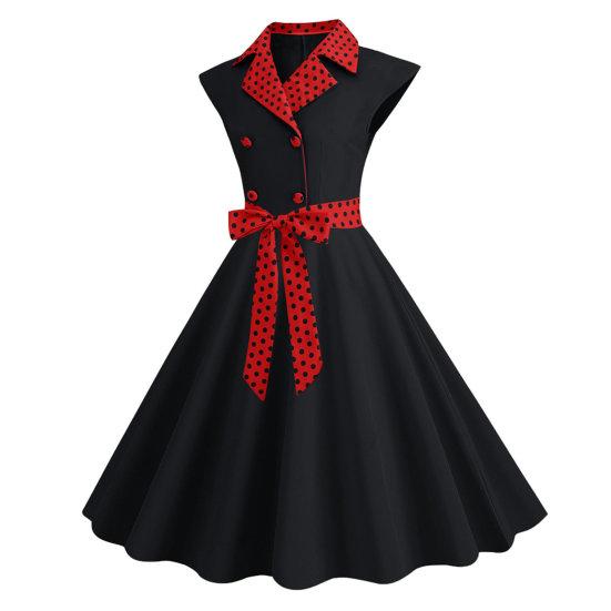 Элегантное женское платье с воротником в горошек и бантом на талии. Милый стиль, повседневное вечернее платье без рукавов с узкой талией. Тонкое женское платье средней длины.