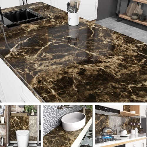 AbaBoorty Marble Wallpaper Sticker, Black-Brown, Marble Pattern, 40cm X 5m, with Adhesive, Waterproof, Heat-Resistant, Stain-Resistant, Oil-Resistant,