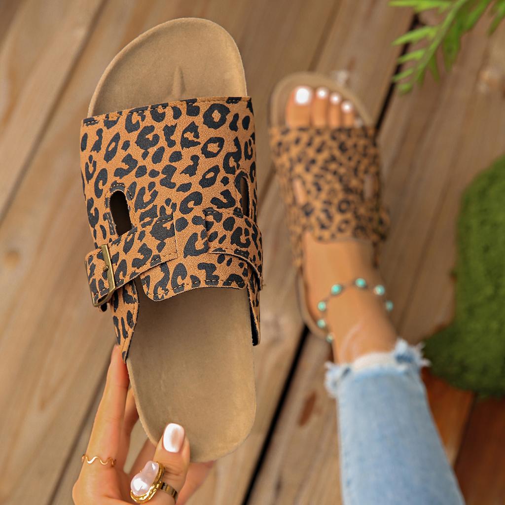 Мода Мода Леопард Женские Тапочки Новые Пробковые Летние Тапочки Женские Уличные Нескользящие Туфли Пряжка Пляжные Плоские Сандалии Шлепанцы Женские