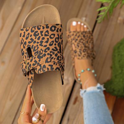 Мода Мода Леопард Женские Шлепанцы 2025 Новые Пробковые Шлепанцы на Плоской Подошве Женские Уличные Нескользящие Туфли Пряжка Пляжные Плоские Сандалии Слайды Женские