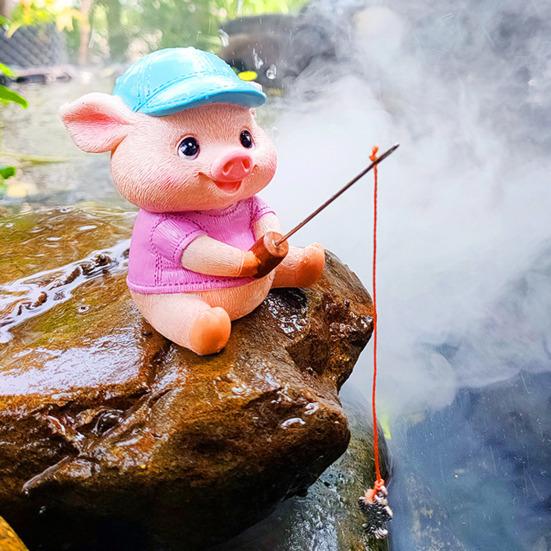Статуэтка свиньи-рыболова, смоляная мини-статуэтка поросенка, мультяшная скульптура свиньи-рыболова для декора пруда в саду и патио