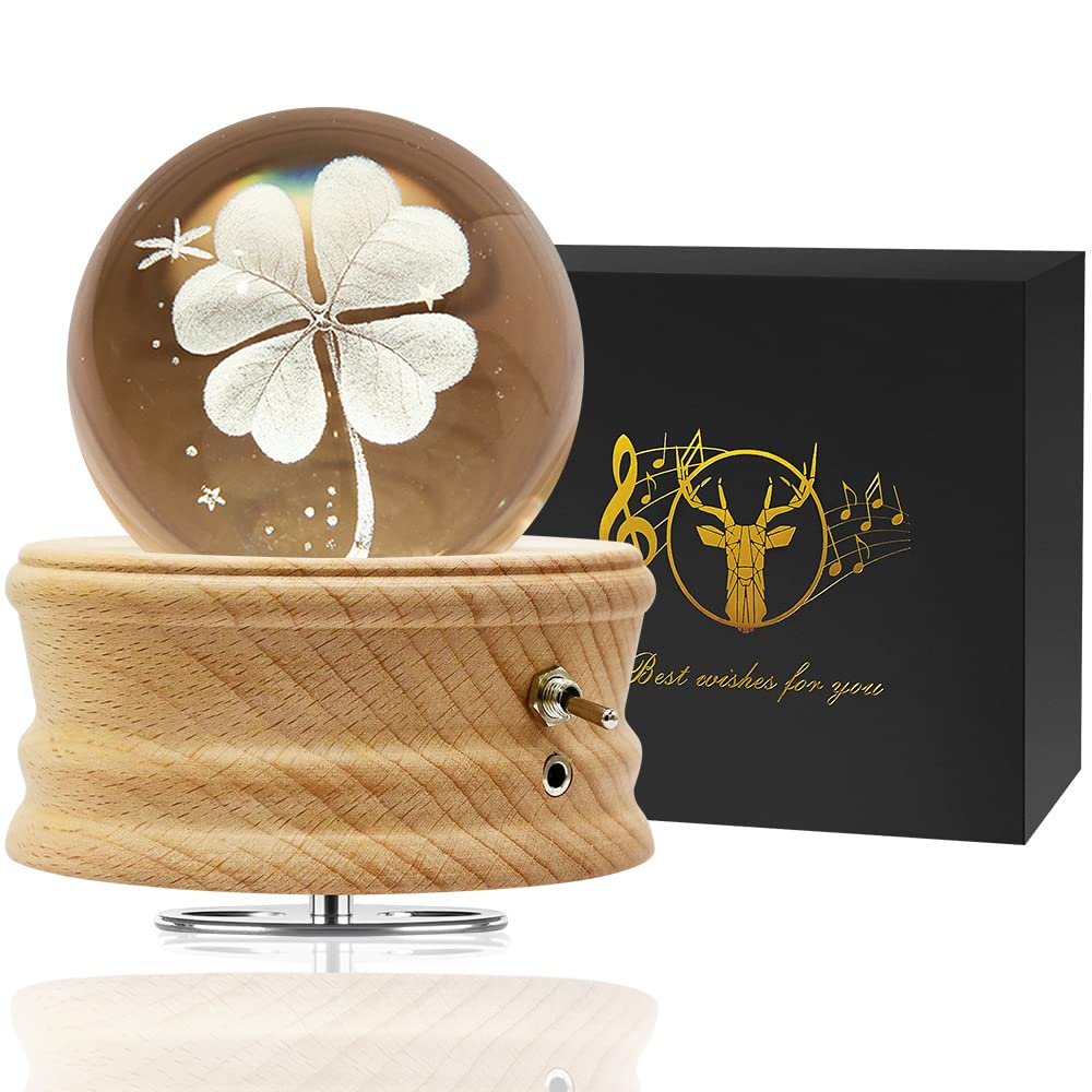 Mozalida Music Box Lucky Clover Crystal Ball Music Perfect for Snow or As a Moon Features Ambient Bedside LED USB Projection and a Stylish Handmade