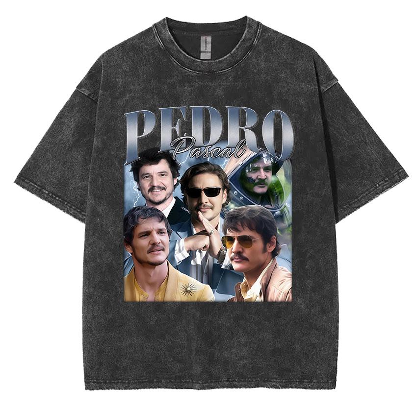 Limited Pedro Pascal Actor Washed Vintage T Shirt Men Women Casual Oversized Tshirt Fashion High Quality Cotton Tees Streetwear