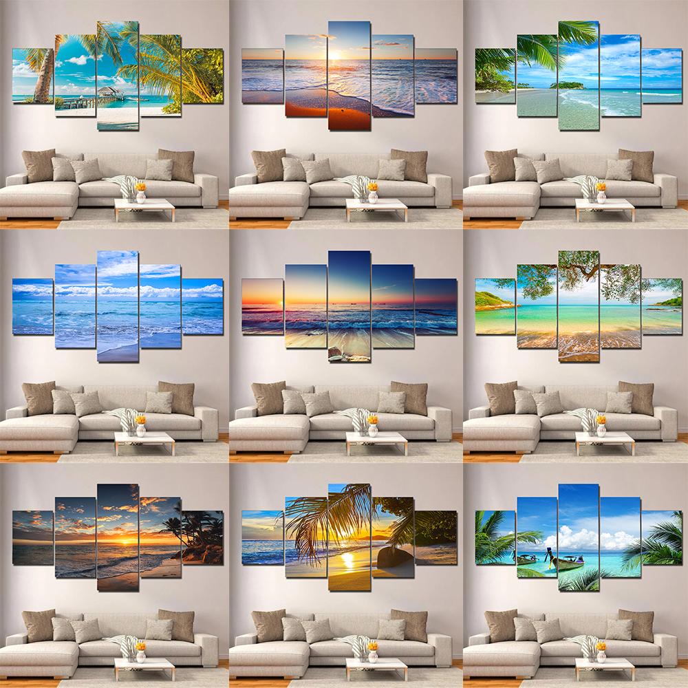 5 pieces Seaside Landscape Canvas Painting, Sunrise, Sunset, Coconut Trees and Ocean Waves, For Home Room Hotel Decor, No Frame