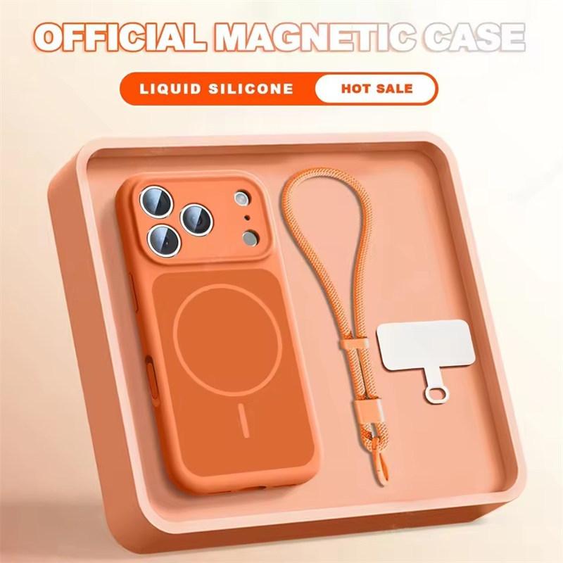 Магнитный чехол для телефона с ремешком на запястье для iPhone 17 Air 14 15 16 13 Pro Max Magsafe Жидкий ремешок Защитная крышка