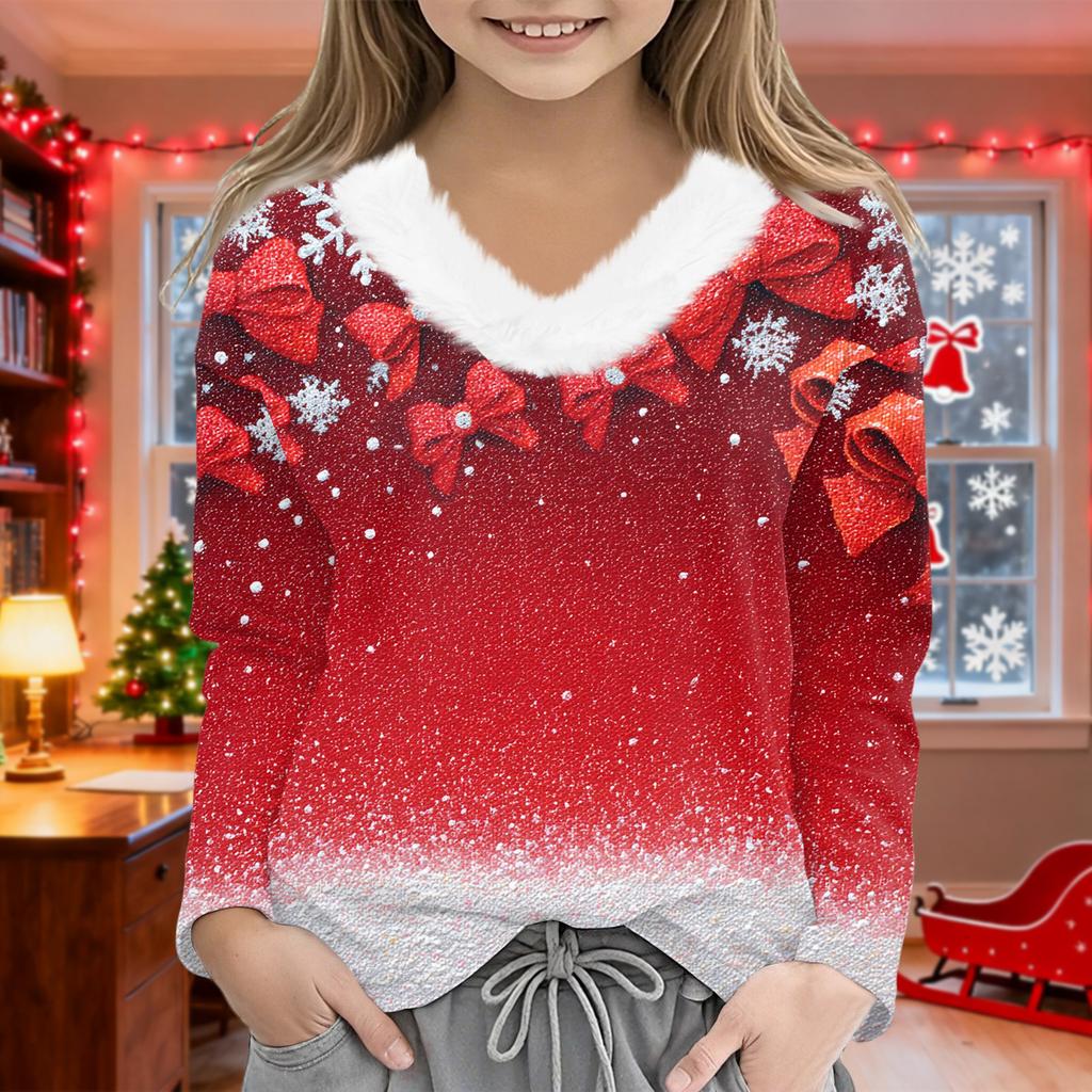 Christmas Day Girls Long Sleeve T Shirts Kids  Girls' V-Neck Tee Christmas Print Long Sleeve Top