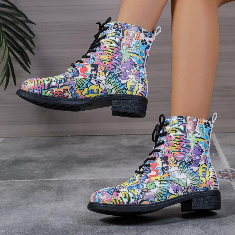 Модные осенние новые массивные одинарные ботинки женские модные круглые с принтом спереди на шнуровке противоскользящие износостойкие короткие ботинки