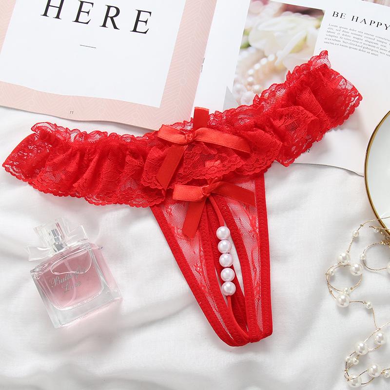 Free Shipping Plus Size 6 Color Lace Open Crotch Women Thong Massage Pearl Sexy Panties Lingerie Transparent Hot Beads Pants