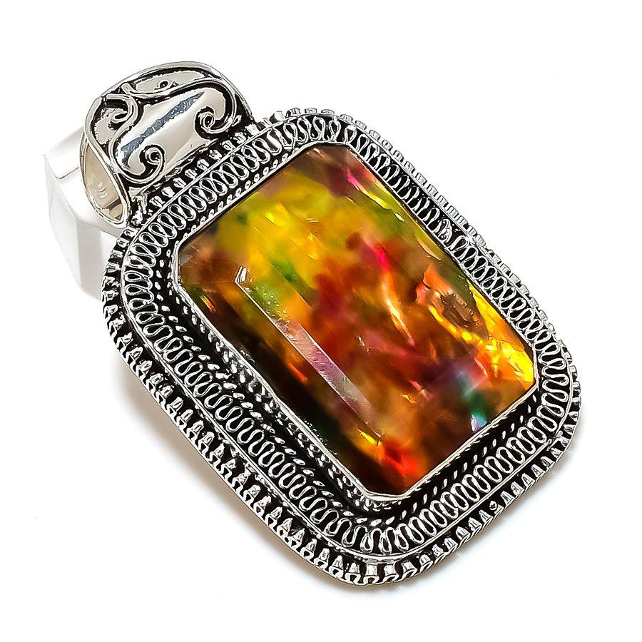 Natural Ammolite Gemstone Handmade 925 Sterling Silver Gift Pendant 2.25" F7V35