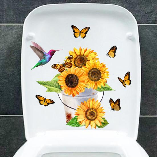Sunflower Butterfly Toilet Sticker Removable Self-adhesive Waterproof PVC Living Room Bathroom Wall Art Floral