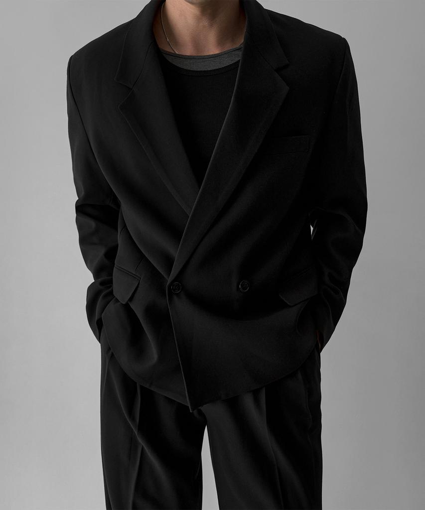 BOWLOW PRODUCT Wool Blend Double-Breasted Blazer [Black]