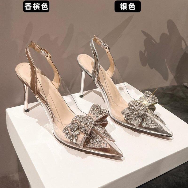 Мода Новый Стиль Элегантные Женские Туфли для Вечеринки Свадьбы Модные Хрустальные Туфли-Лодочки на Высоком Каблуке с Бабочкой Сексуальные с Острым Носком Прозрачные Туфли-Лодочки Босоножки Женские