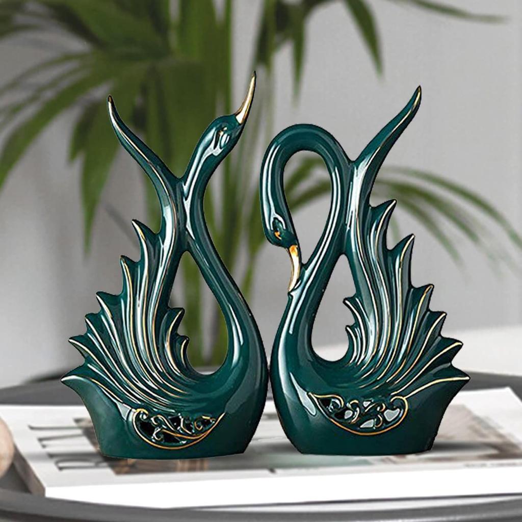 Современная элитная керамическая фигурка в виде пары лебедей | Красивый декор для дома - 2 шт., темно-зеленый, средний