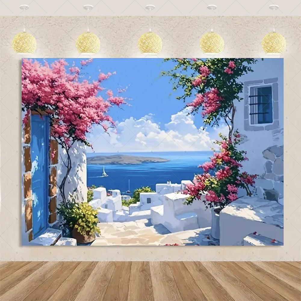 Nordic Greek Landscape Home Party Decorations Santorini Island Town Blue Dome Church Santorini Aegean Sea Photography Backdrop