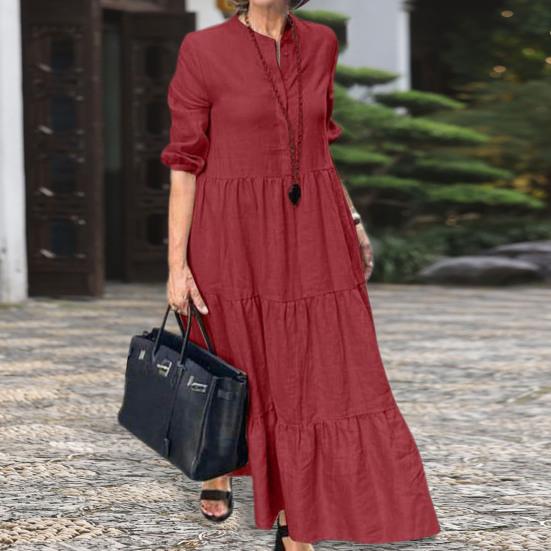 Летнее платье макси с воротником трапециевидной формы, плиссированными цветными рюшами, длинными рукавами, чистая свободная стойка, пэчворк, ПР, для поездок на работу