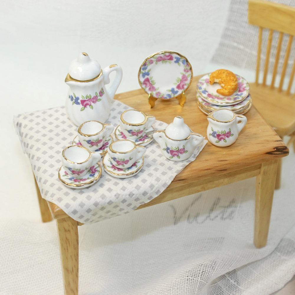 Kettle Dollhouse Miniature Tea Set Ceramic Miniature Porcelain Tea Cup Set  Dollhouse Ornament