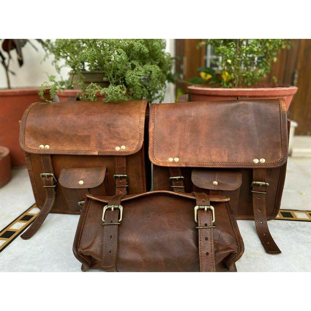 Leather Motorcycle Saddle Bag Pouch Side Bags Panniers Tool Luggage Brown Combo