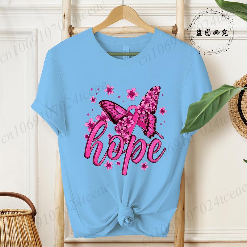 Hope Pink Ribbon Butterfly Breast Cancer Awareness Warrior Print Women's T-Shirt,Graphic Tee Tops,Casual Streetwear Fashion Tops