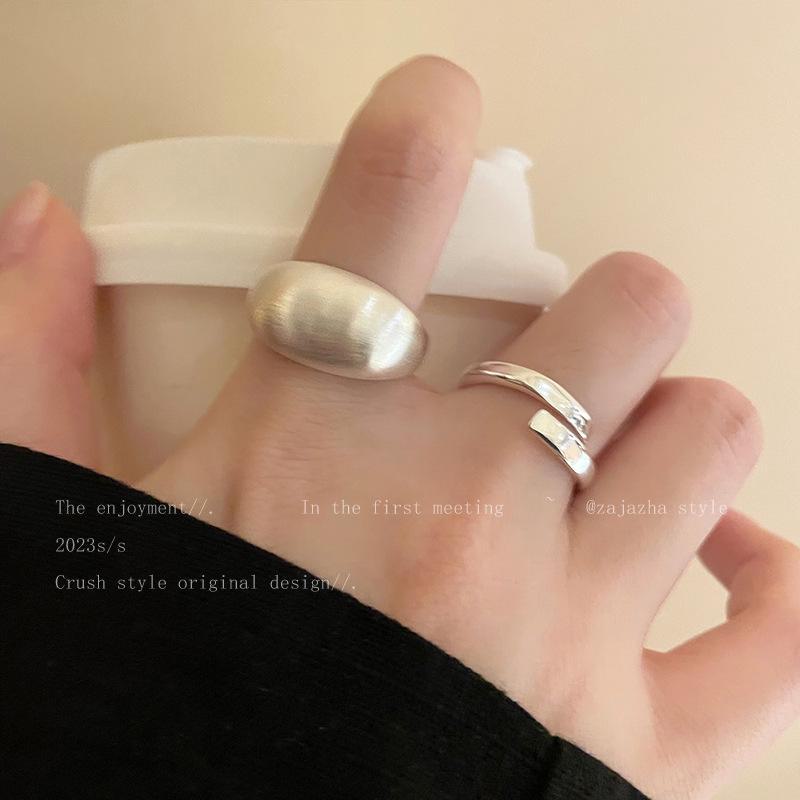 Matte Silver Brushed Open Adjustable Ring - Light Luxury Cold Style for Women