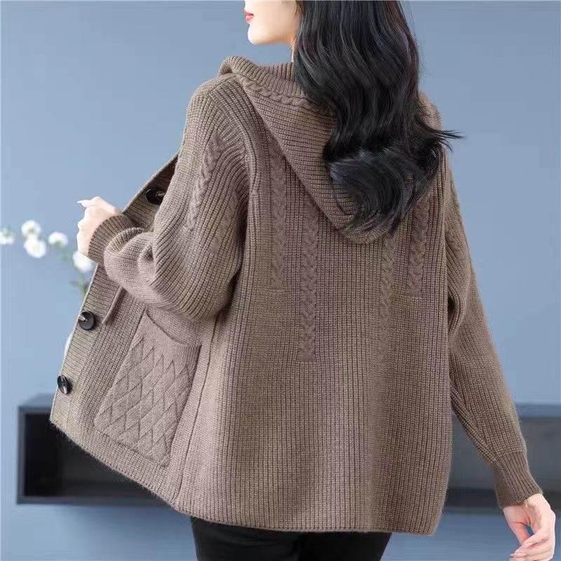 Thick Knitted Hooded Cardigan for Middle-aged and Elderly Women In Short Length