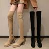 Stretch Flock Over The Knee Boots Autumn Winter Round Toe Zipper Women Shoes Square High Heels Fashion Long Boots Big Size 34-42