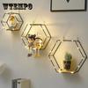 Hexagon Art Storage Shelf Living Room Metal Display Platform Wall Mounted Decorative Rack with Light Strip