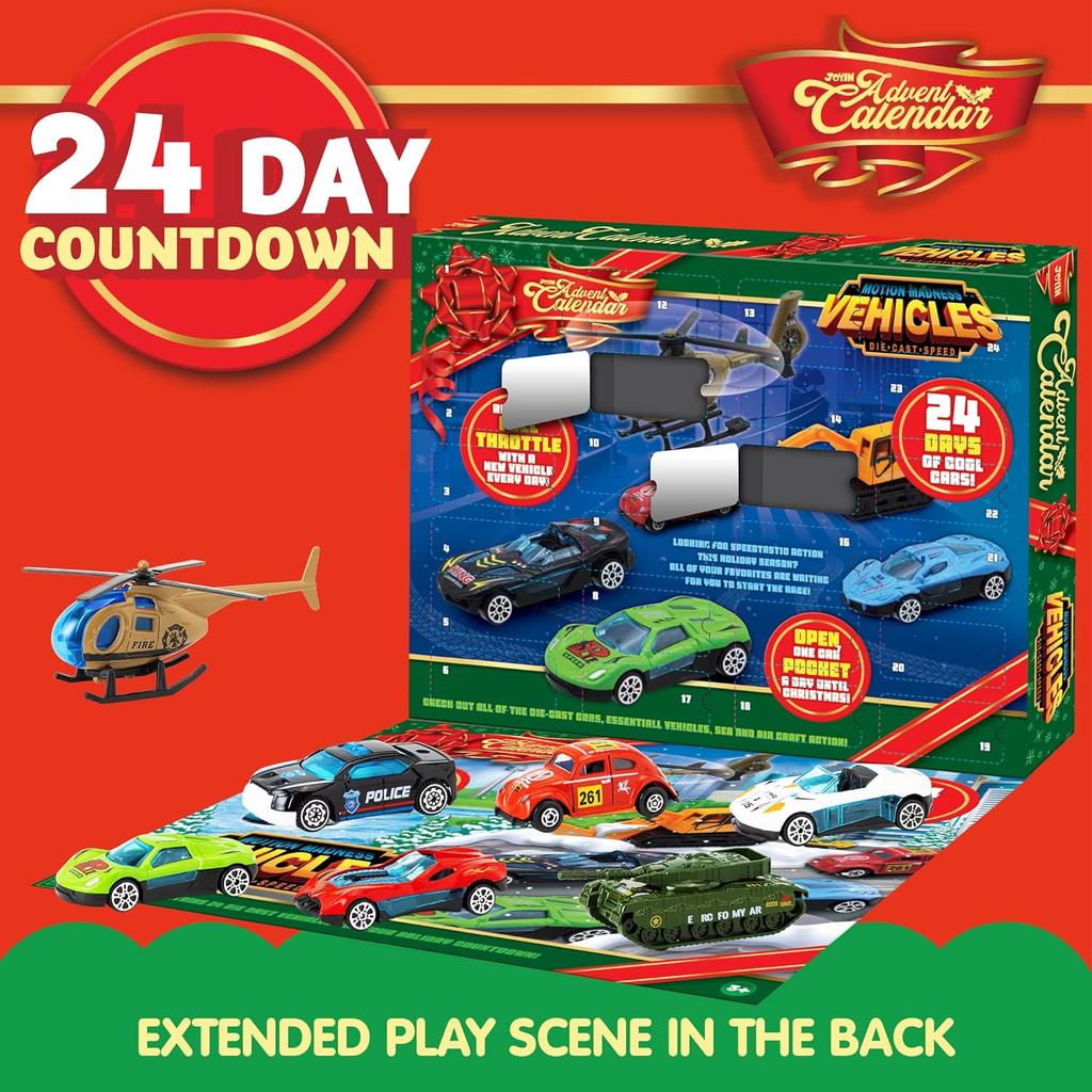 JOYFY 2025 Christmas Advent Calendar 24 Days Countdown Calendar Diecast Cars Set Christmas Vehicles Toys for Boys Kids Xmas Gift