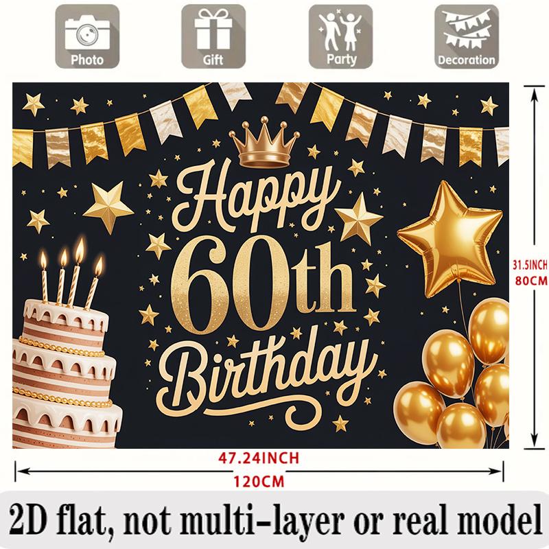 60th Birthday Banner, Golden Star Crown Backdrop Wall Decor for Celebration