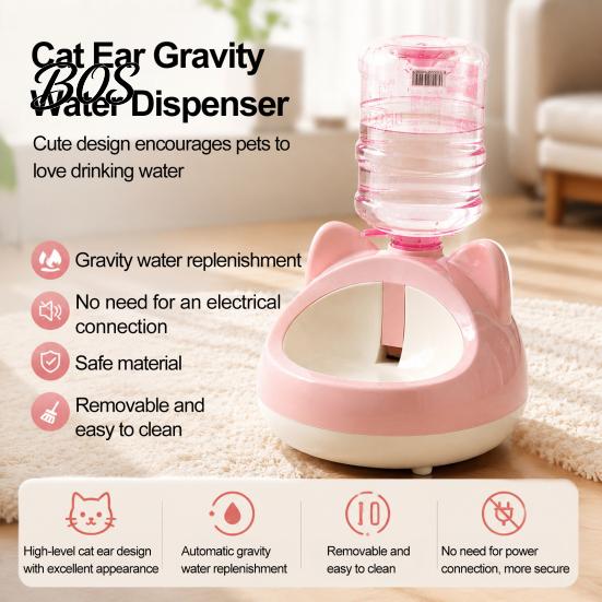 Indoor Pet Water Station Automatic Cat Dispenser, Auto Refill Feeder, Cute Hygienic Dispenser Ear Design, Bottle Adapter Threaded Bowl for Cats Small