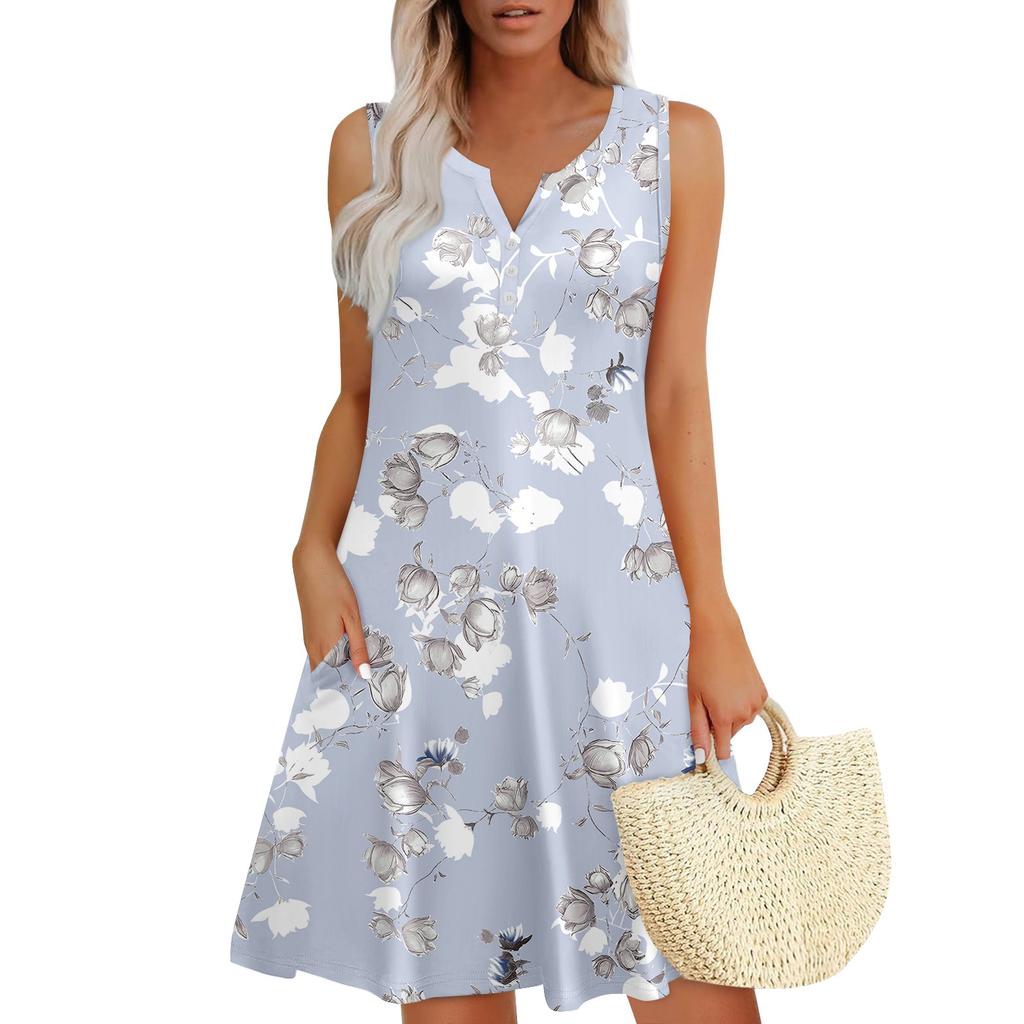 Womens Summer Dresses Loose V Neck Sleeveless Sundresses Dress With Pockets