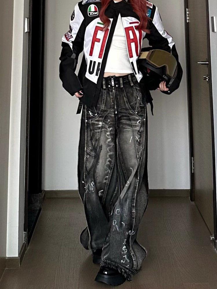 Унисекс Джинсы ретро с широкими штанинами тай-дай 2024 – Американский уличный стиль