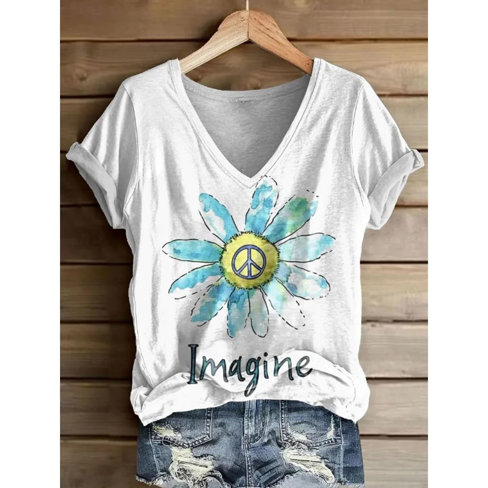 Women Summer T Shirt Floral Pattern Print Short Sleeve Tees Casual Printed Tops