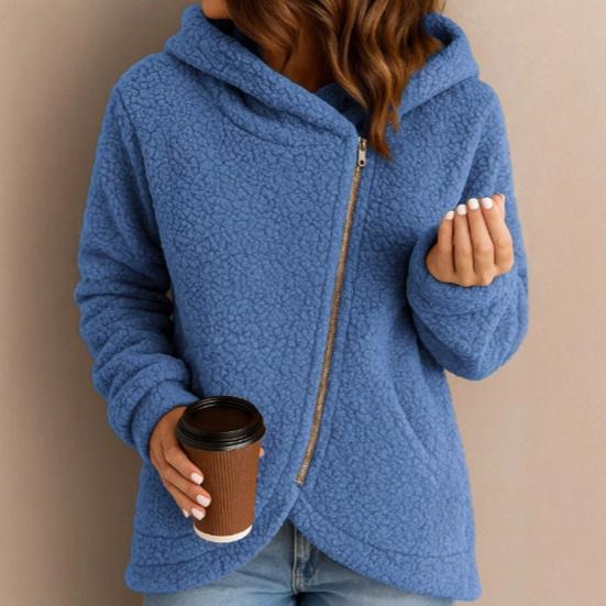 Women's Fleece Jacket Oblique Zip Up Long Sleeve Sherpa Coat Fuzzy Hooded Jacket