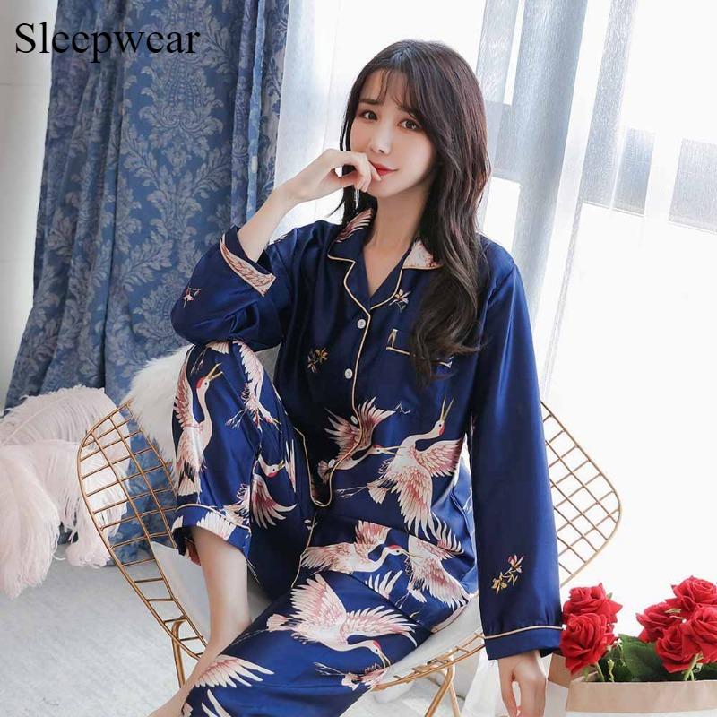 Home Ice Silk Pajamas Female Spring and Autumn Crane Long Sleeve Casual Comfortable Long Sleeve Cardigan Large Size 200 Catties Can Wear Pajamas Set